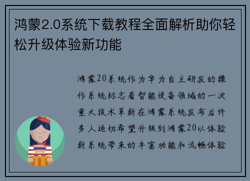 鸿蒙2.0系统下载教程全面解析助你轻松升级体验新功能